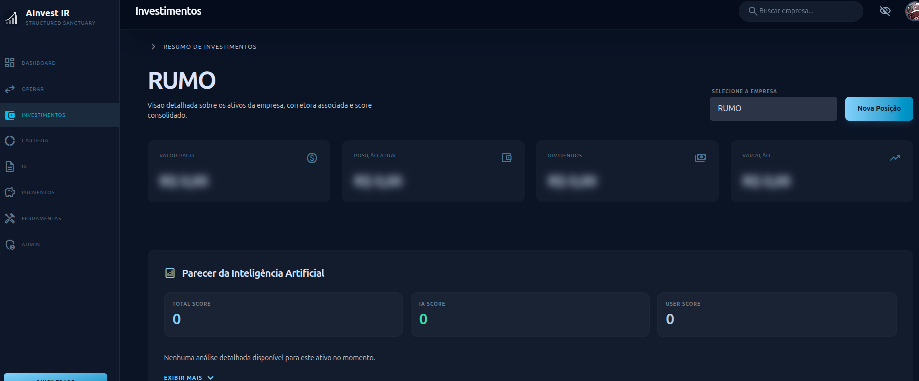 AInvest IR — Tela de investimentos com parecer de IA e métricas do ativo